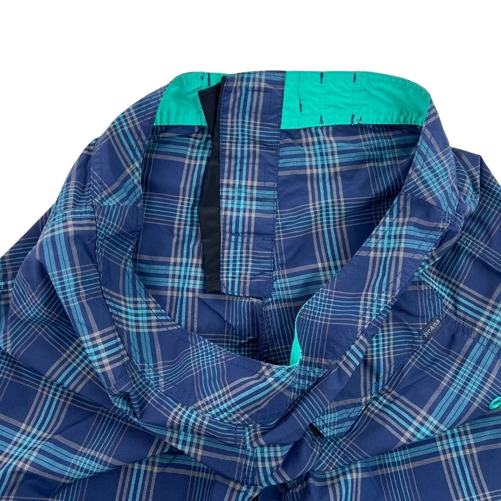 PrAna Swim Trunks Board Shorts‎ Men 34 Blue Teal Plaid Hike UPF 50+ Unlined   9